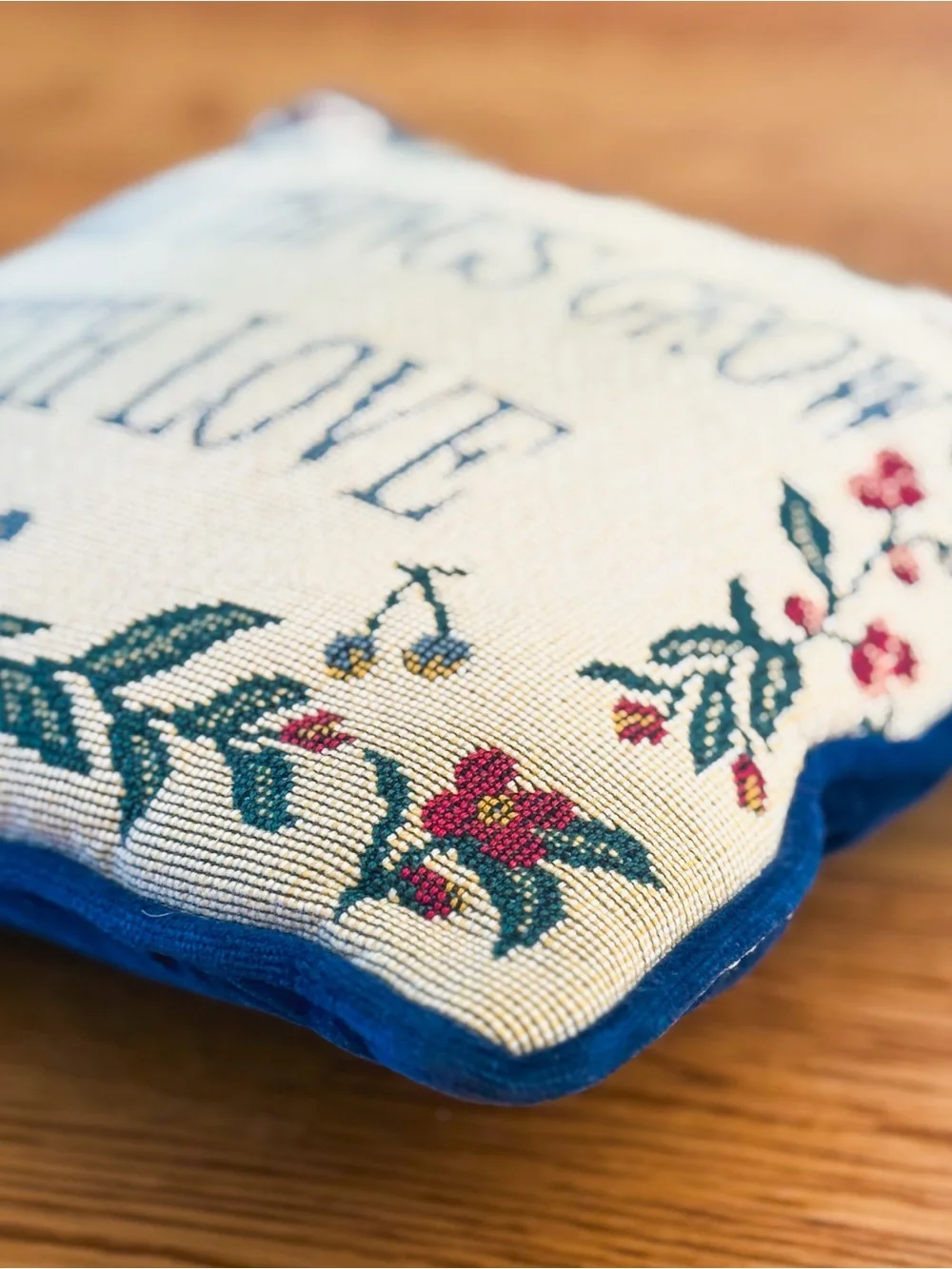 All Things Grow With Love Decorative Throw Pillow - Blue Text